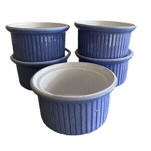 Emile Henry Set of 5 Ribbed Custard Ramekins 40-08 Blue Stoneware France
